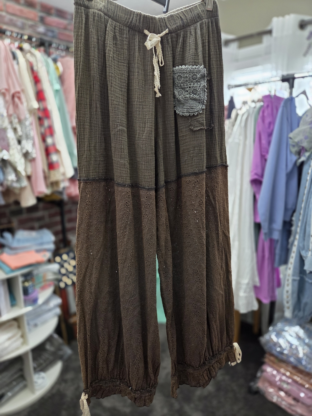POL Olive Green and Brown Boho Wide-Leg Pants